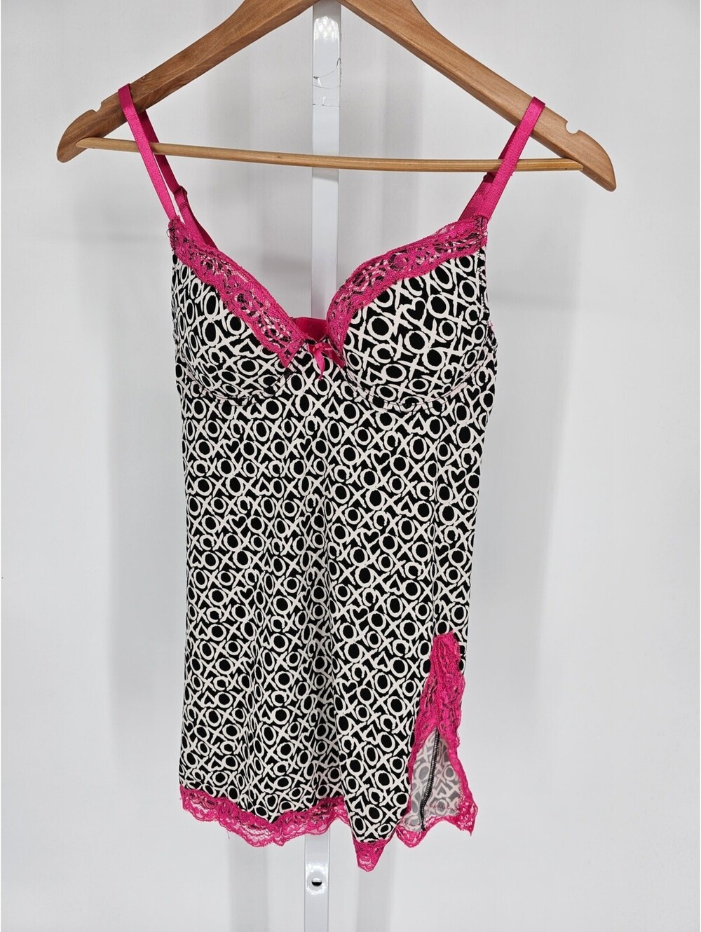 Vintage Y2K XOXO Womens Sz M Babydoll Nightie Nightgown Black White Pink Trim